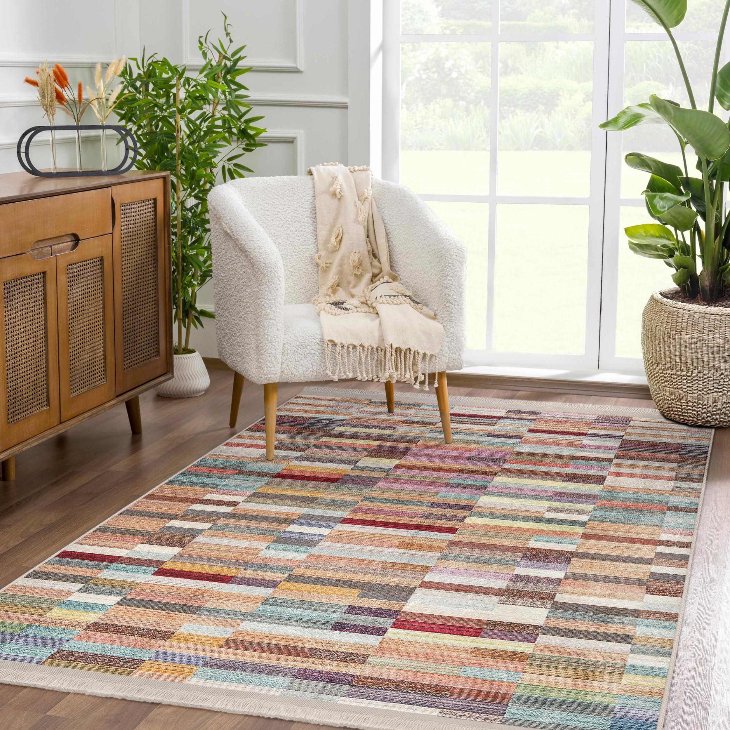 Pastel Block Accent Rug - Colorful Non Slip Area Rug - Faded Washable ...