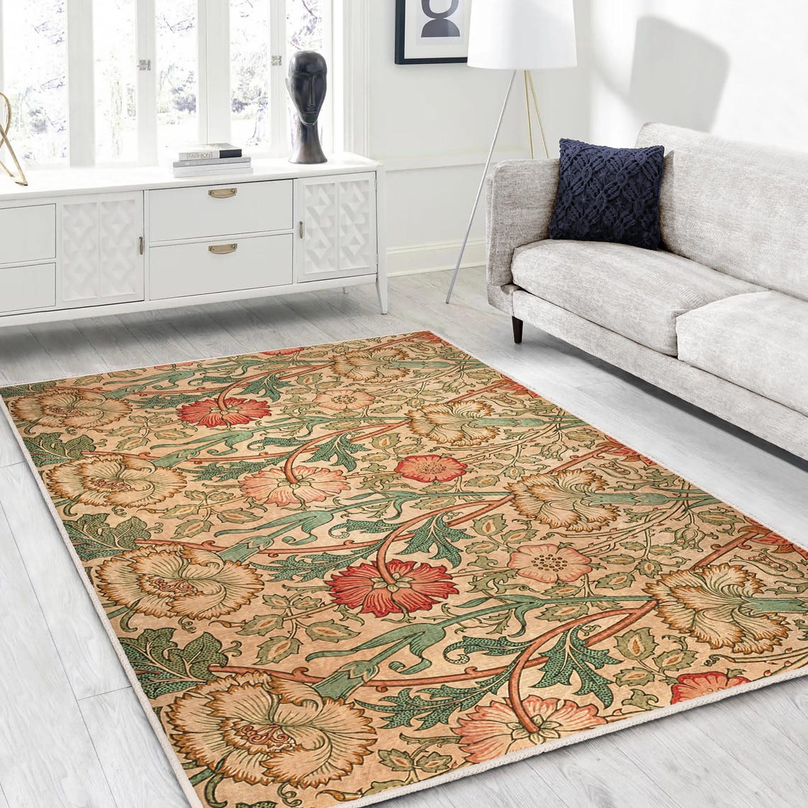 William Morris Artsy Scetch Rug-vintage Flower Rose Beige Artisan ...