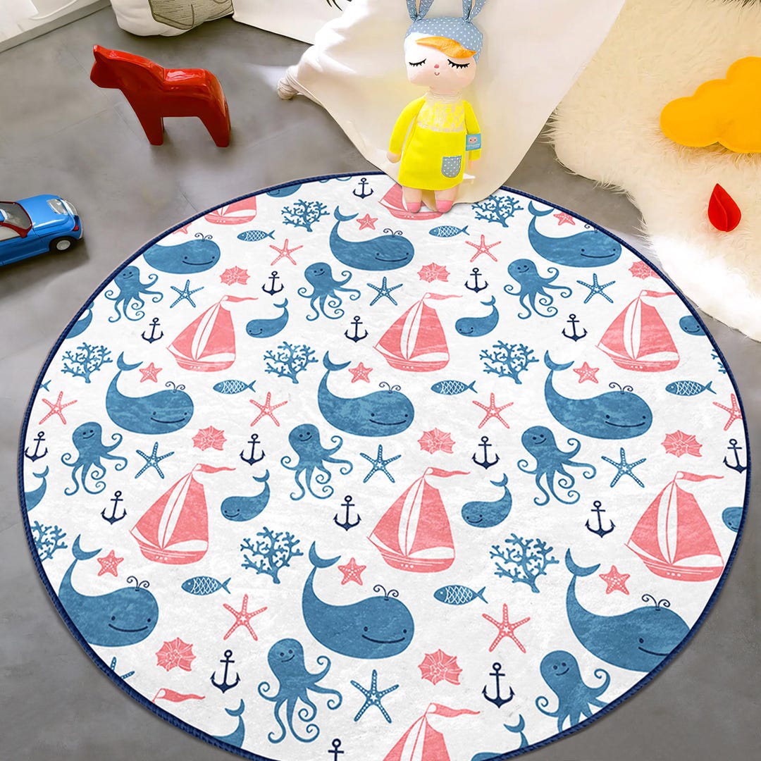Whale Kid's Room Round Rug - White Nautical Circle Carpet - Ocean ...