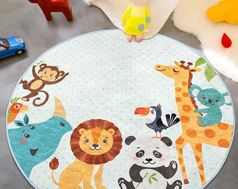 Teppich-Traum Vloerkleed voor kinderen, antislip, wasbaar, speelkleed, safari, street cars, dieren, groen, 140 x 200 cm