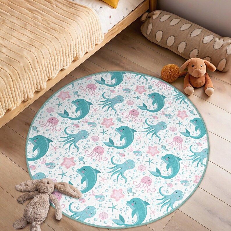Sea Creatures Kid's Room Round Rug White Octopus Circle Carpet Funny ...