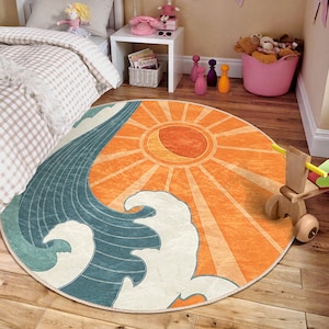 Sunrise Kinderzimmer Rund Teppich - Orange Great Wave Circle Teppich - Mond Aktivität Oval Teppich - Japanischer Retro Horizon Waschbar Kreis Krabbeldecke