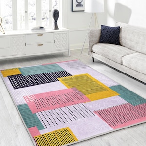 Color Block Area Rug - Abstract Rubber Backing Throw Rug - Boho Washable Runner-Multicolor Accent Rug-Pink Mat-Luxury Pastel Interior Carpet