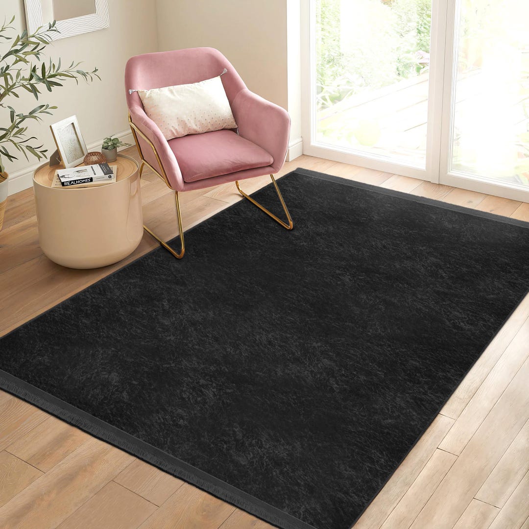 Plain Black Area Rug -timeless Anti Slip Rug - Solid Washable Modern ...