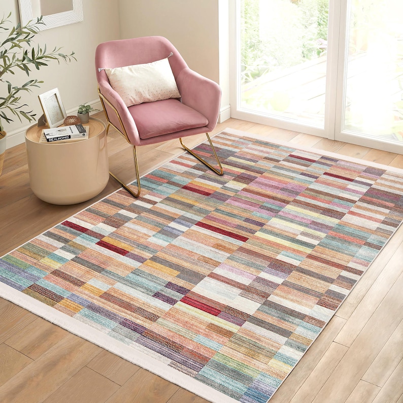 Pastel Block Accent Rug - Colorful Non Slip Area Rug - Faded Washable ...