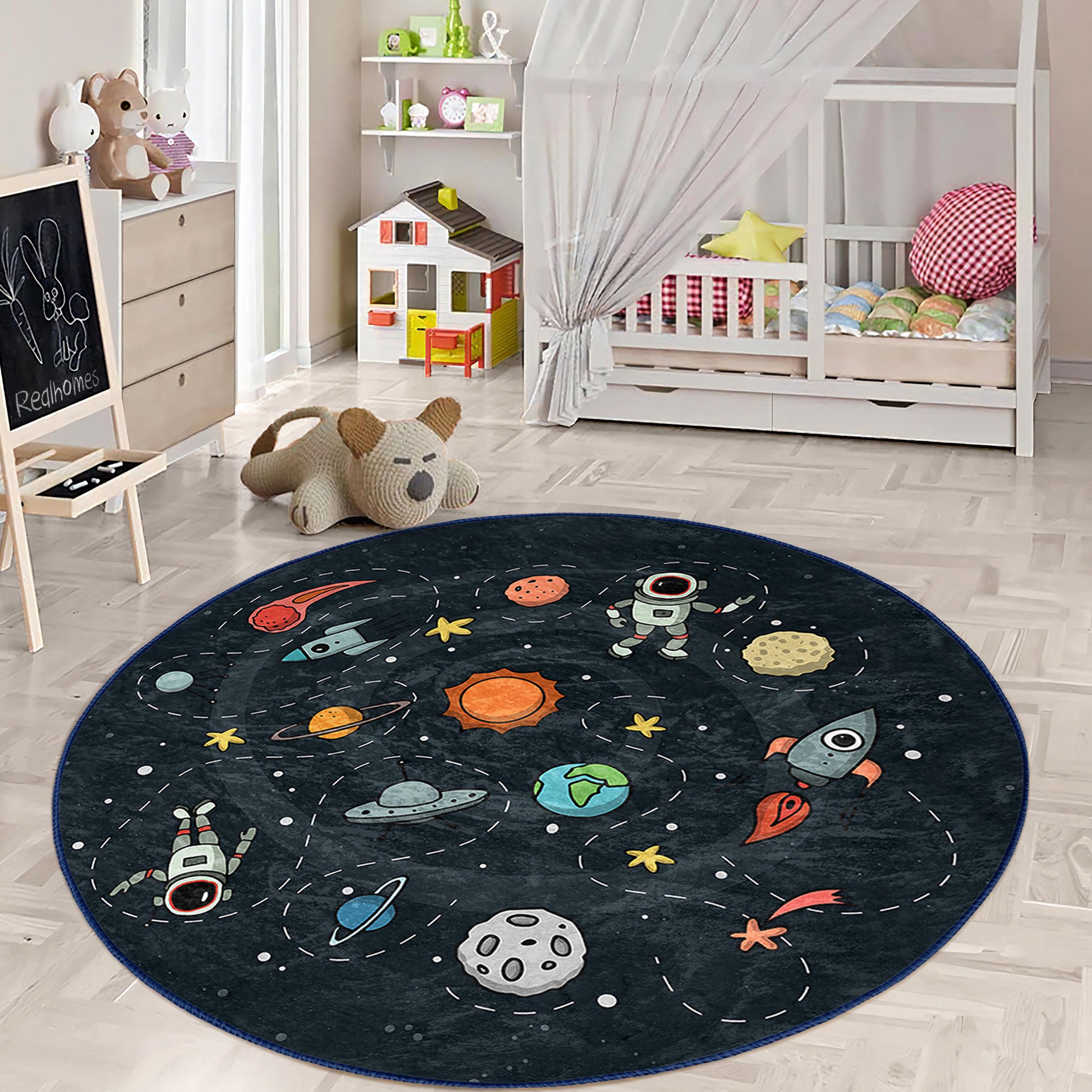 Space Round Rug Sun Children Room Round Rug - Black Astronaut Circle Carpet - Solar ...