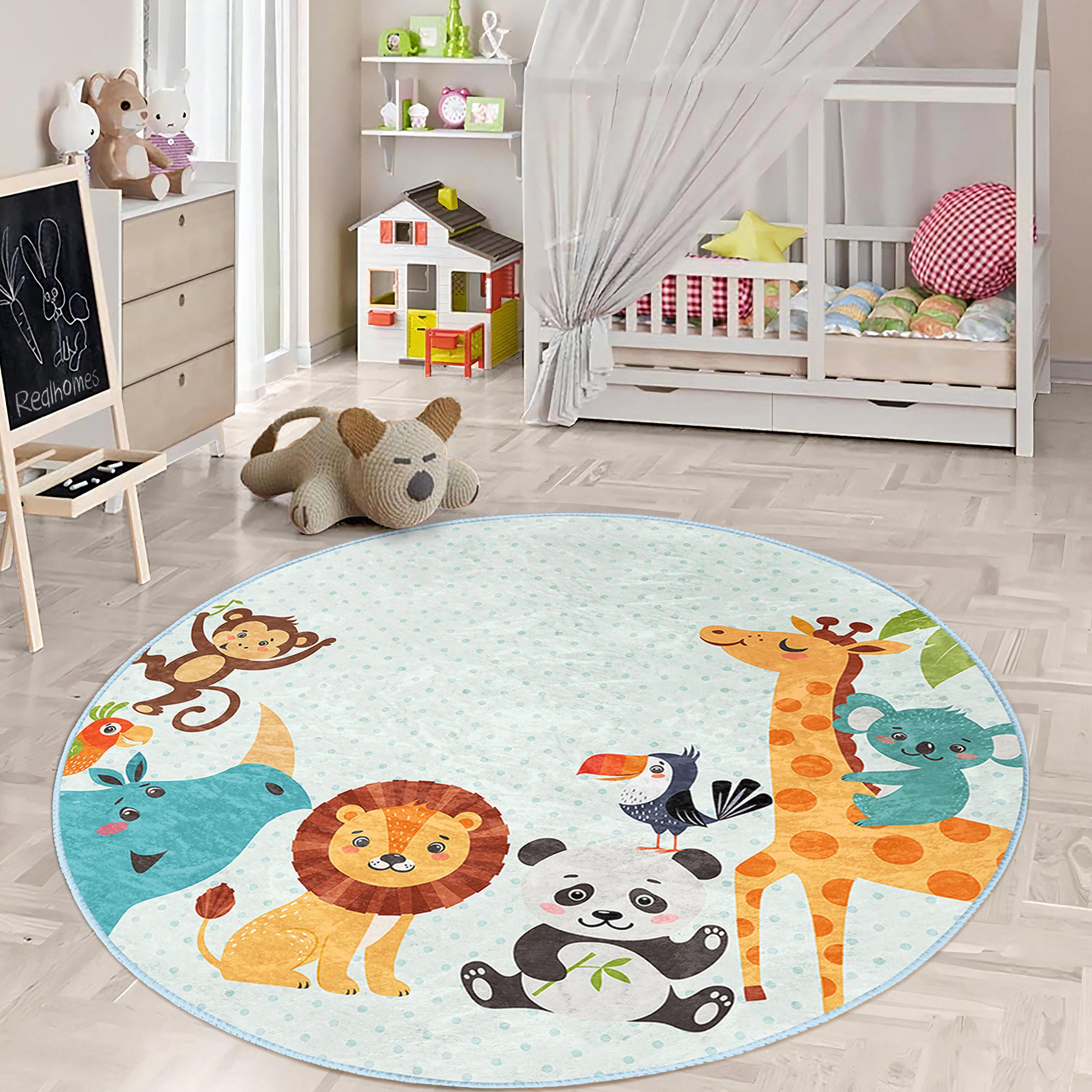 Zoo Animals Children Room Round Rug - Blue Jungle Circle Carpet
