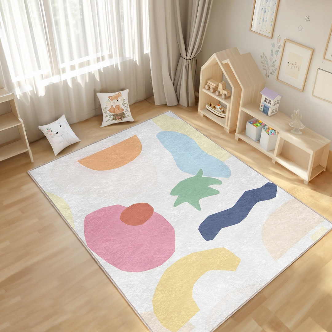 White Abstract Infant Play Rug - Geometric Non Slip Nursery Carpet ...