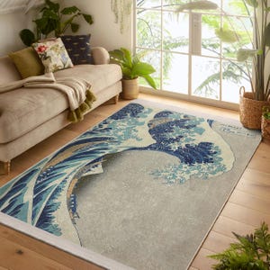 Japanese Kanagawa Area Rug - Great Wave off Fuji Mount Rug-Coastal Washable Rug - Katsushika Rug-Blue Japan Art Mat-Hokusai  Interior Carpet
