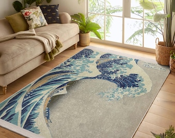 Alfombra japonesa Kanagawa - Gran ola del monte Fuji - Alfombra lavable costera - Alfombra Katsushika - Alfombra artística japonesa azul - Alfombra de interior Hokusai