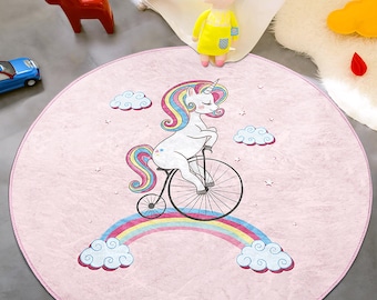Pony Round Nursery Area Rug - Pink Unicorn Circle Newborn Carpet - Stars Baby Crawling Rug - Bicycle Rainbow Washable Kindergarden Mat