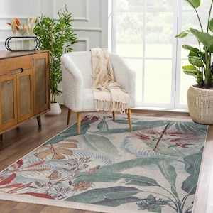 Palm Leaf Botanical Accent Rug-Floral Non Slip Area Rug-Natural Washable Throw Rug-Vibrant Runner Rug-Beige Floor Art-Luxury Interior Carpet