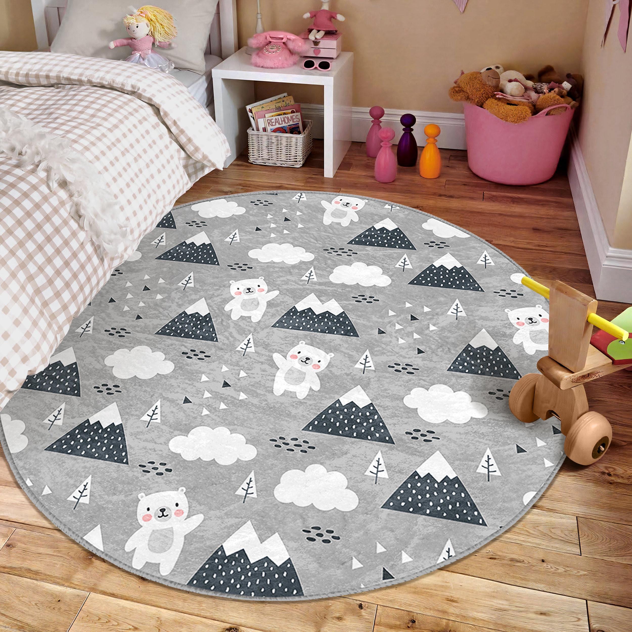 Baby Rooom Rugs Polar Bear Baby Boy Room Round Rug - Gray Bear Circle Carpet - Mountain ...