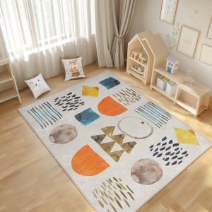 Cubism Crawling Rug -Beige Mat-Abstract Skid Proof Carpet for Kid&#39;s Room-Geometric Toddler Runner-Striped Playroom Rug-Rustic Tammy Time Mat