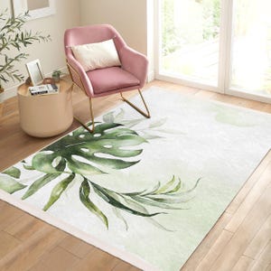 Monstera Leaf Area Rug - Pastel Plant Carpet-Watercolor Runner -Greeny Slip Resistant Floor Mat-White Throw Rug-Washable Rug For Living room