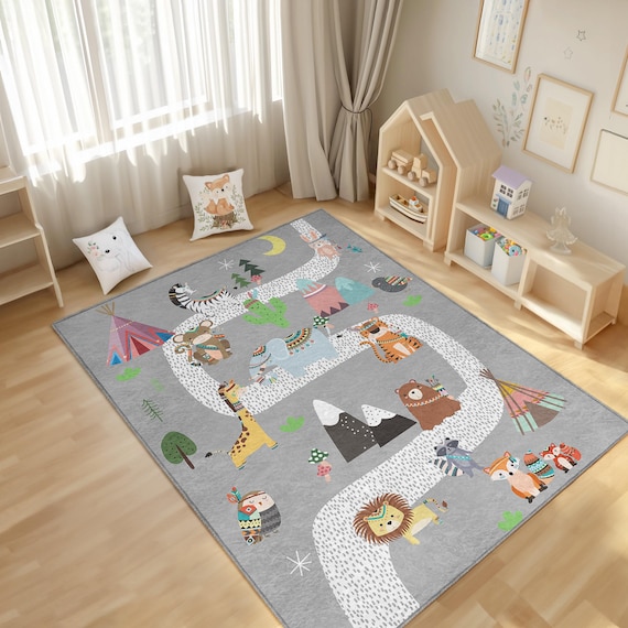 Gray Aztec Animal Infant Rug-mountain Non Slip Nursery Carpet