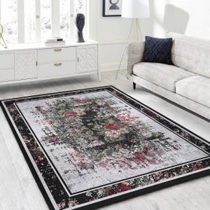 Rose Romantic Area Rug For Living Room - Baroque Washable Throw Rug - Gothic Runner - Victorian Anti Slip Carpet-Black Mat-Floral Accent Rug