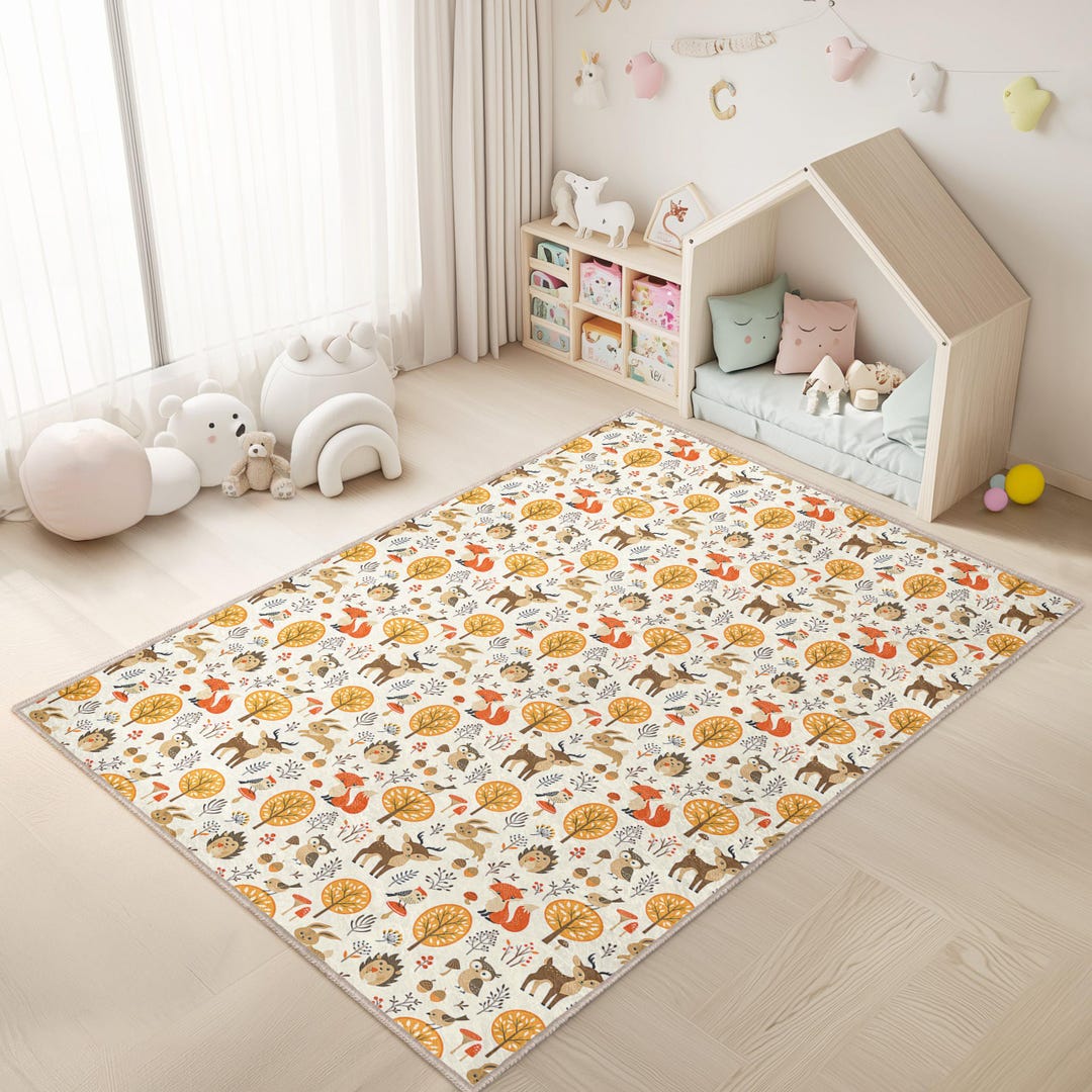Beige Woodland Activity Rug - Fox Deer Newborn Carpet -birds Owl ...