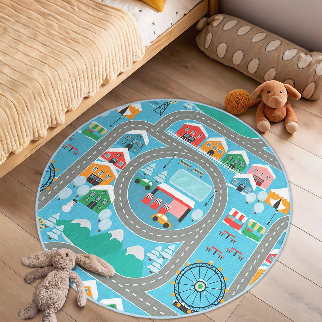Ferris Kids Room Round Rug - Blue City Life Circle Carpet - Mountain ...