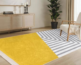 Illusion Angular Area Rug-Abstract Anti Slip Accent Rug-Line Washable Accent Grip Rug-Artistic Floor Art Rug-Yellow Mat-Chic Interior Carpet