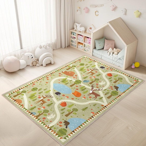Green Woodland Infant Rug Wild Life Non Slip Nursery Carpet