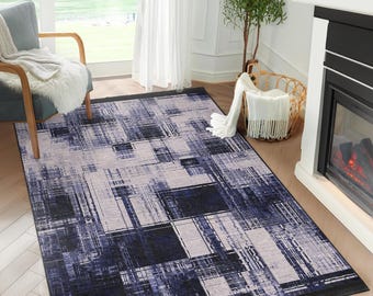 Navy Checkboard Accent Rug-Modern Art Washable Carpet - Textured Runner - Transitional Skid Proof Floor Mat-Blue Throw Rug-Area Rug For Home