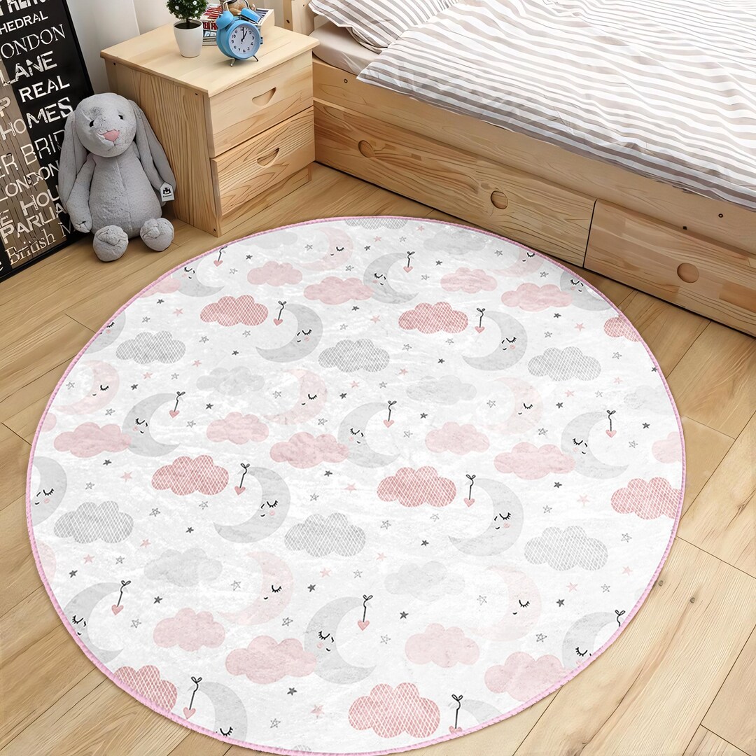 Cute Dream Kid's Room Round Rug - White Cloud Circle Carpet - Moon ...