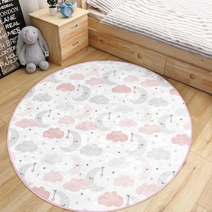 Niedlicher Traum Kinderzimmer Runder Teppich - Weißer Wolken-Kreis Teppich - Mond Kindergarten Oval Teppich - Sterne krähen waschbare runde rutschfeste Matte