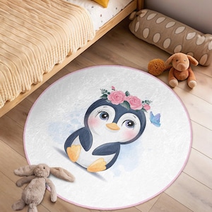 Pinguin-Bauch-Zeit- runder Teppich - weißer entzückender runder Teppich - Vogel-Kindertagesstätte- ovaler Teppich - Schmetterling-Karikatur-waschbarer Kreis-Spielmatte - Kindermatte