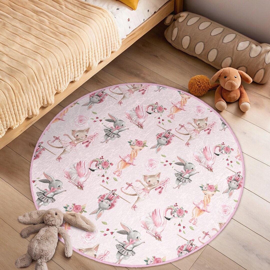Ballet Kid's Room Round Rug - Pink Rabbit Bohomian Circle Carpet ...