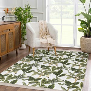 Botanical Bamboo Accent Rug - Tropical Slip Rug -Asian Washable Art Rug-Leafy Saloon Runner-White Lounge Mat-Charming Natural Vibrant Carpet