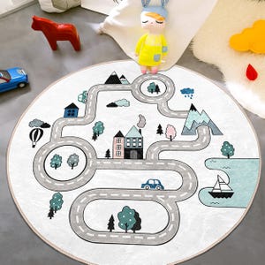 Rond vloerkleed dorp kinderkamer - witte stadskaart cirkeltapijt - autorijdende speelkamer ovaal tapijt - wasbare ronde speelmat snelwegboot