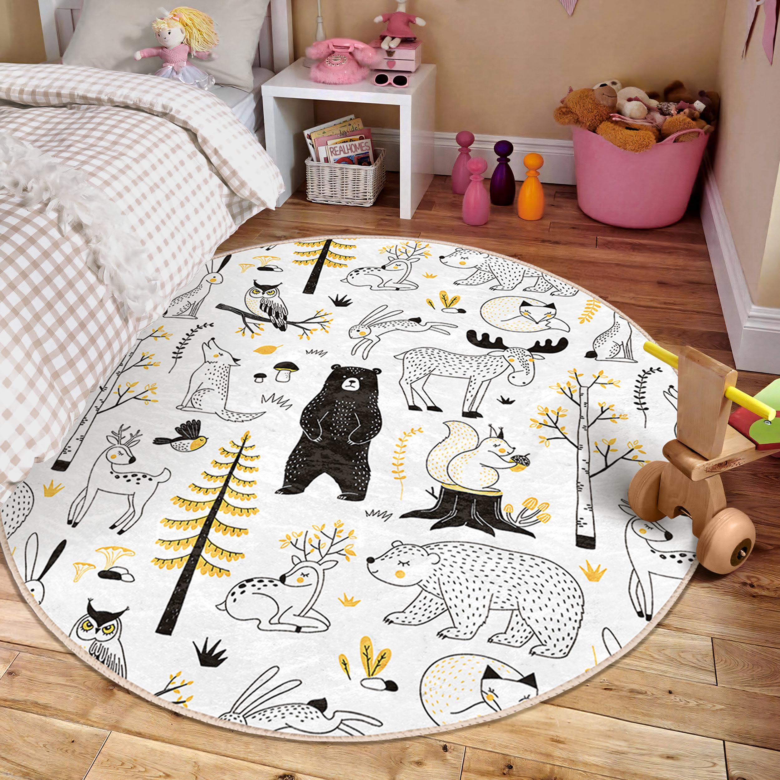Woodland Kid's Room Round Rug - Yellow Black Ren Deer Circle