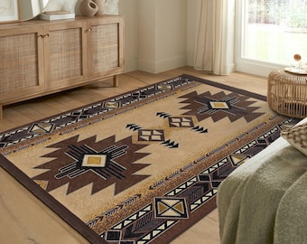 Traditional Native Area Rug - Aztec Non Skid Accent Rug - American Washable Throw Rug -Desert Floor Rug-Brown Art Mat-Luxury Interior Carpet