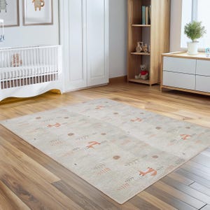 Beige Woodland Activity Rug - Fox Newborn Carpet - Hedgehog Washable Mat - Minimal Nursery Runner - Wild Life AntiSlip Rug for Crawling Baby