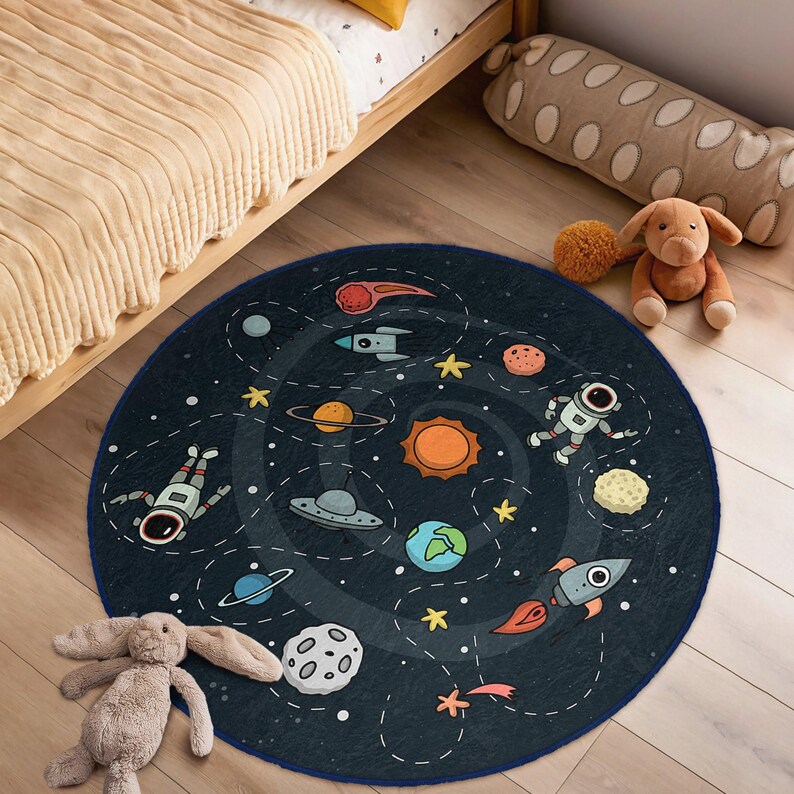 Space Round Rug Sun Children Room Round Rug - Black Astronaut Circle Carpet - Solar ...