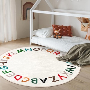 Alfombra redonda para sala de clase para niños, alfombra circular con letras del alfabeto ABC en color beige, alfombra ovalada para guardería, alfombra de juego circular lavable y educativa para aprendizaje