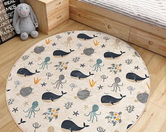 Sea Creatures Toddler Room Round Rug - Beige Ocean Circle Carpet - Whale Newborn Oval Rug - Coral Octopus Marine Washable Circular Playmat