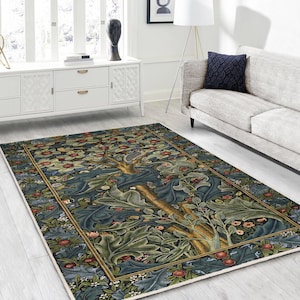William Morris Tree of Life Design Rug-Vintage Antislip Carpet-Woodpecker Washable Throw Rug - Giant Leaves Art Painting Blue Doorway Runner