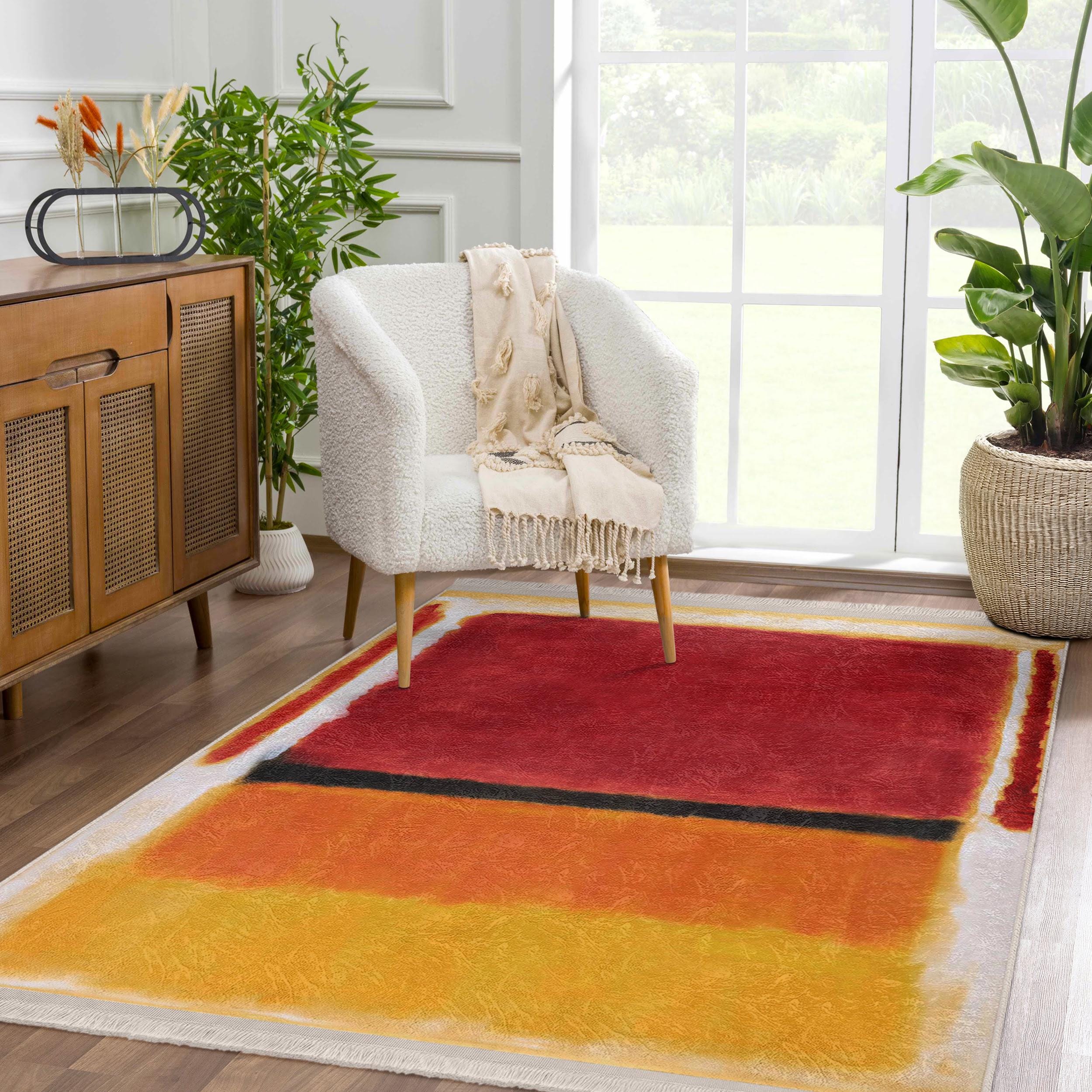 Rothko Orange Yellow Accent Rug - Faded Non Skid Rug - Bleach