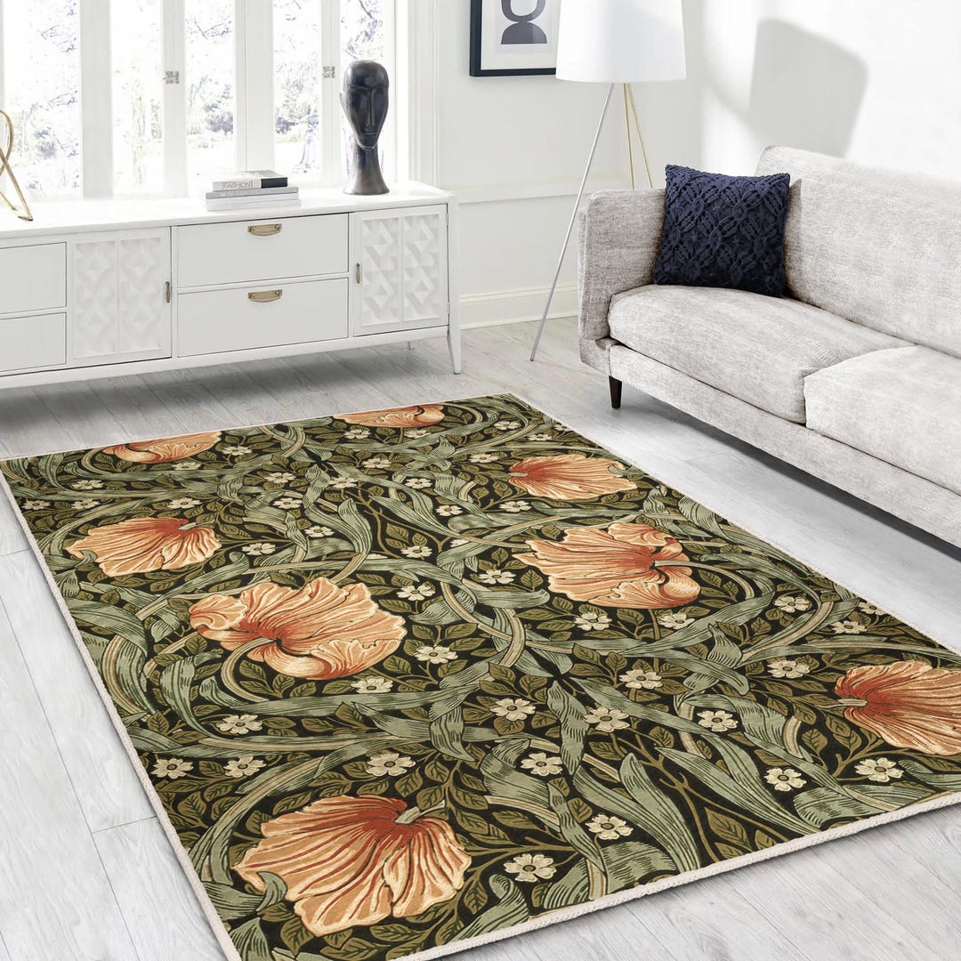 Wiliam Morris Style Area Rug - Green Marbling Art Nouveau Carpet