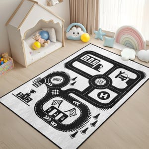 Black Drift Car Infant Play Rug - Race Track Non Slip Nursery Carpet - Sports Washable Toddler Mat-Chequered Floor Art-Hypercar Activity Rug