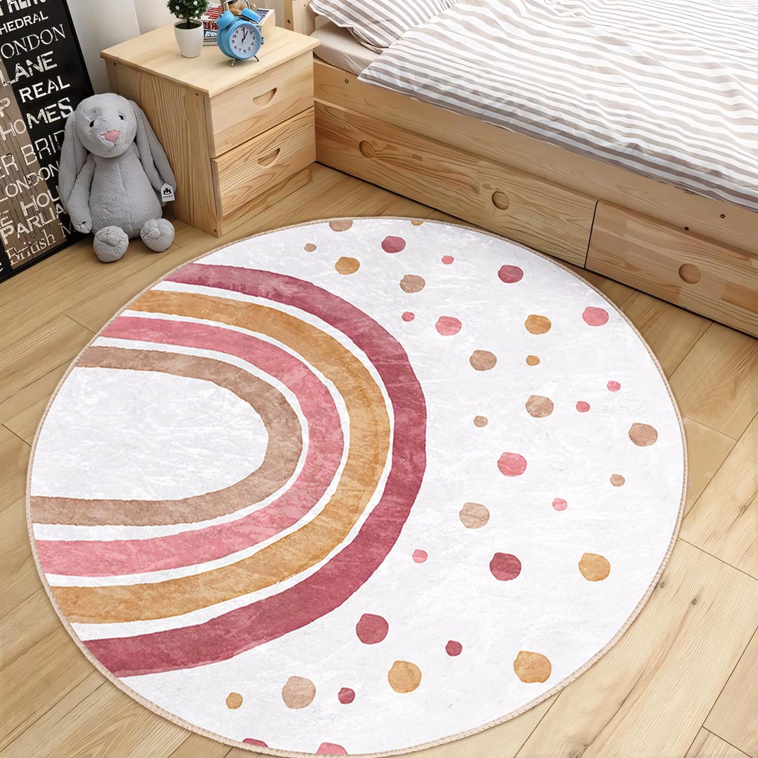 Watercolor Kids Room Round Rug - White Rainbow Circle Carpet - Polka ...
