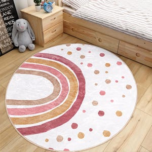 Watercolor Kids Room Round Rug - White Rainbow Circle Carpet - Polka Dot Activity Oval Rug - Spotted Plain Washable Circular Playmat