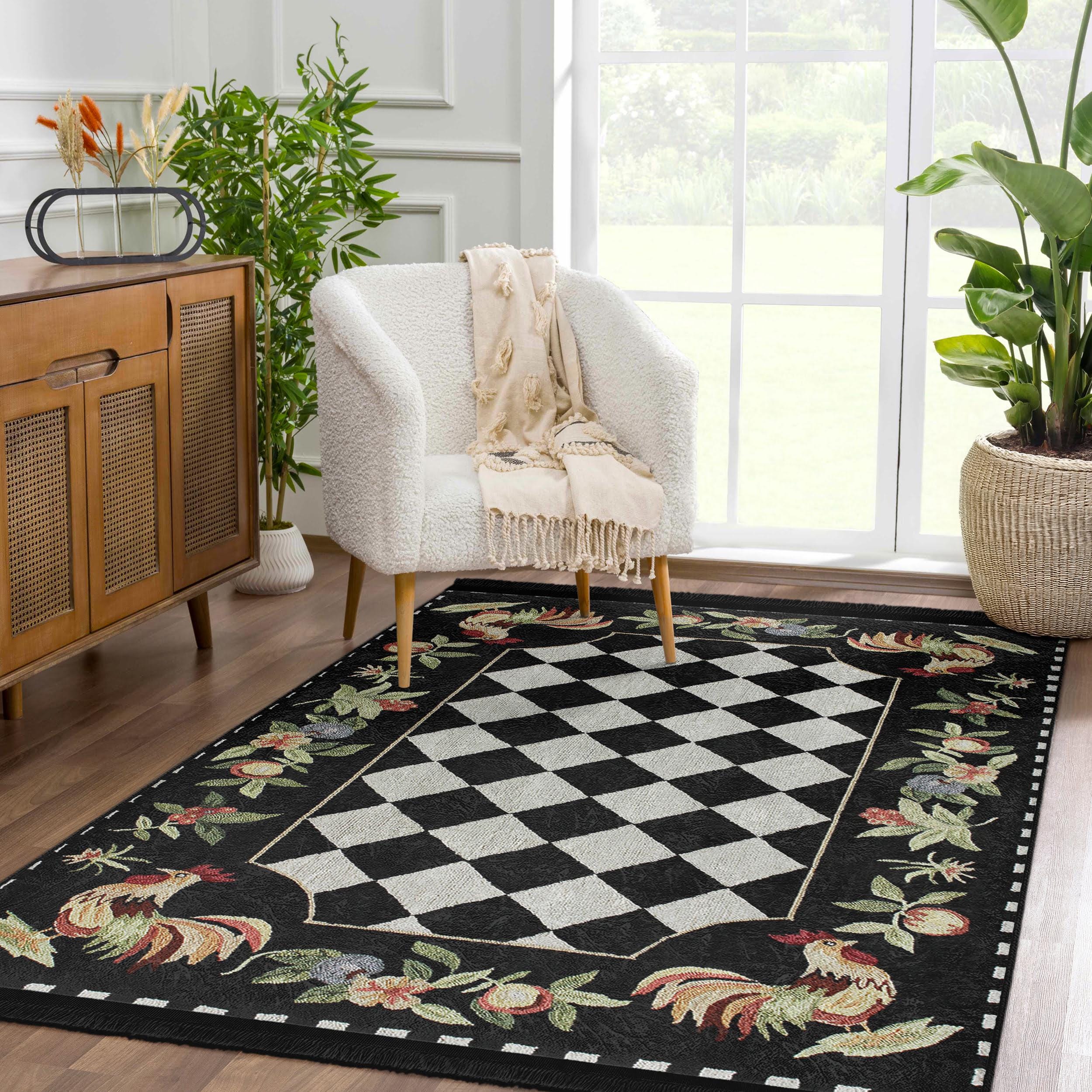 Rooster Checkered Accent Rug -floral Anti Skid Rug-dashed Washable