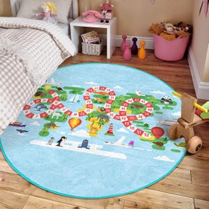 Tapis rond marelle pour chambre d'enfant - Tapis rond bleu carte du monde - Tapis interactif ovale Activity - Tapis de jeu circulaire lavable Panda