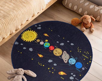 Runder Teppich für Kinder - Blauer Sonnensystem-Kreisteppich - Planeten Neugeborener Ovaler Teppich - Sterne Meteor Waschbarer runder Spielteppich