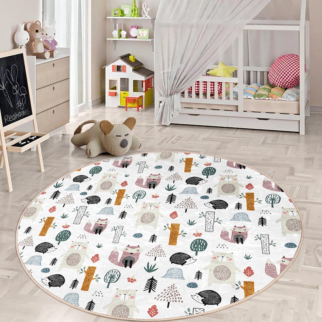 Hedgehog Rug Hedgehog Nursery Round Rug - White Forest Circle Carpet - Woodland ...