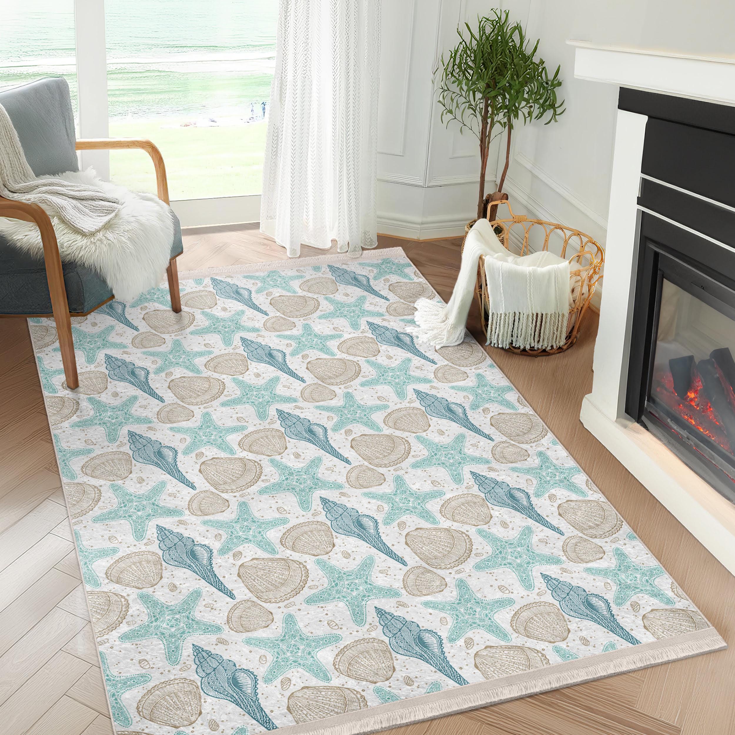 Seashell Starfish Area Rug - Sea Life Carpet-aqua Runner - Coastal ...