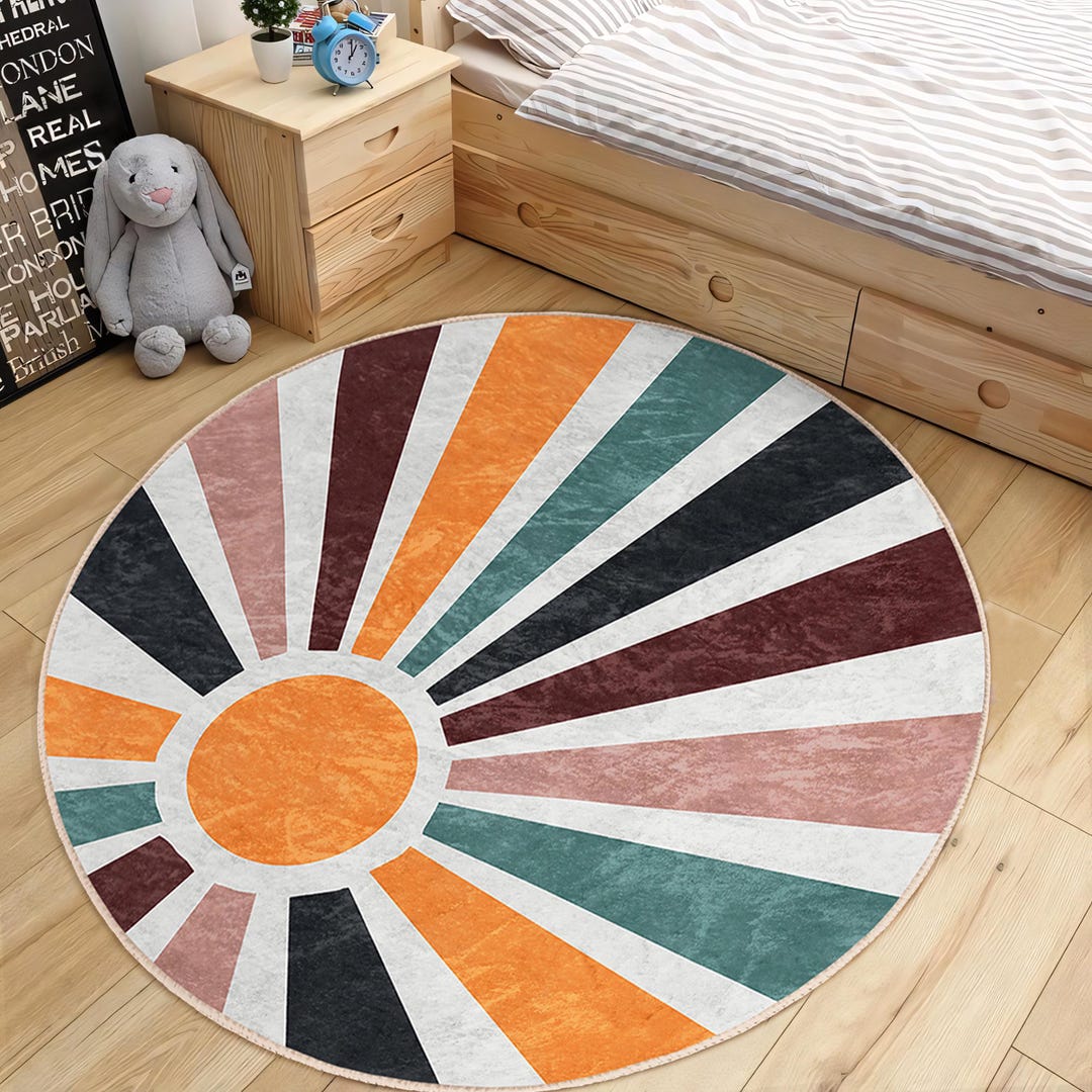 Round Children Rug Colorful Kids Room Round Rug - White Sunrise Circle Carpet - Geometric ...